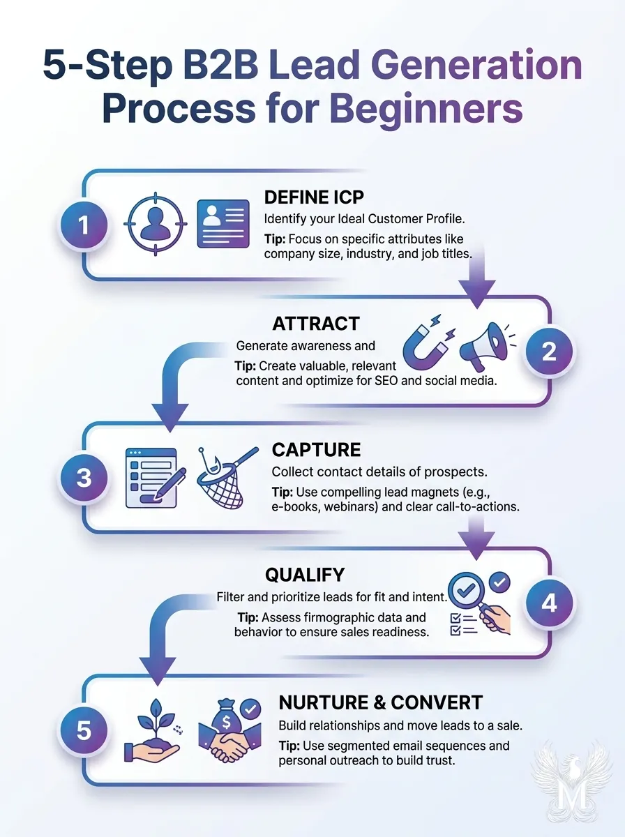 Infographic of the 5-step B2B lead generation process for beginners, from Ultimate Guide to B2B Lead Generation for Beginners.