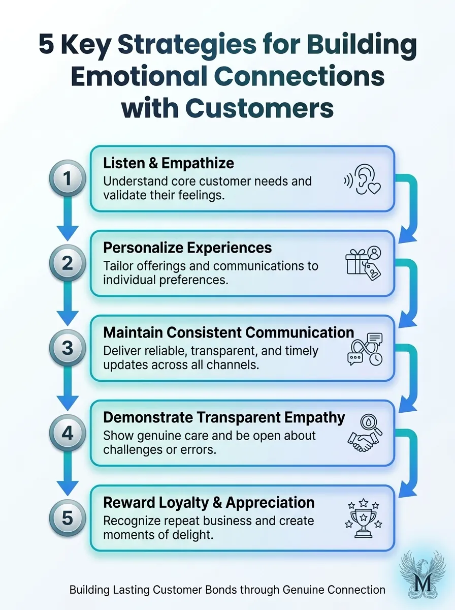 Infographic: 5 key strategies for emotional connections with customers. Top Strategies for Building Emotional Connections.