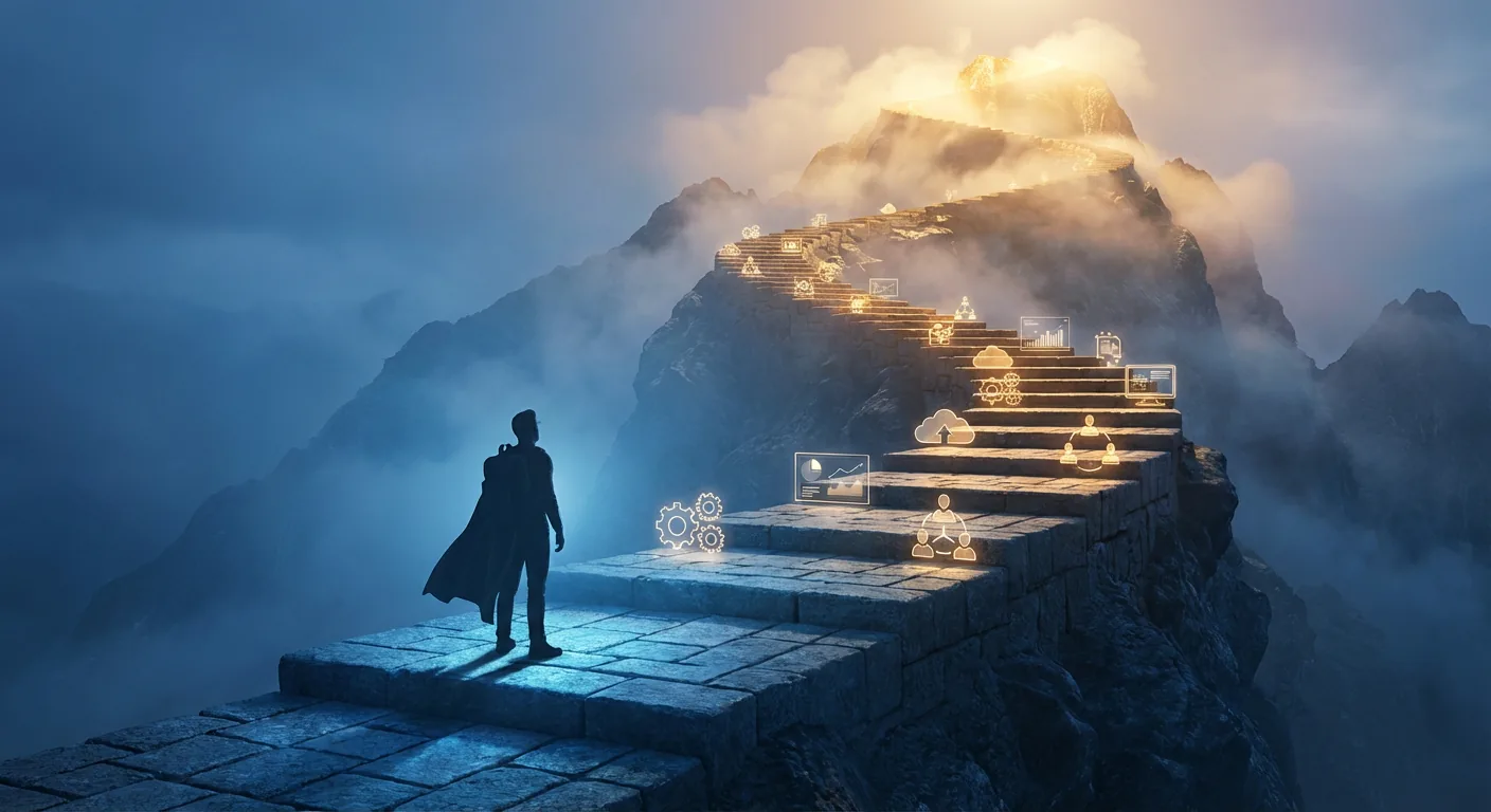 Business growth staircase ascending toward golden summit