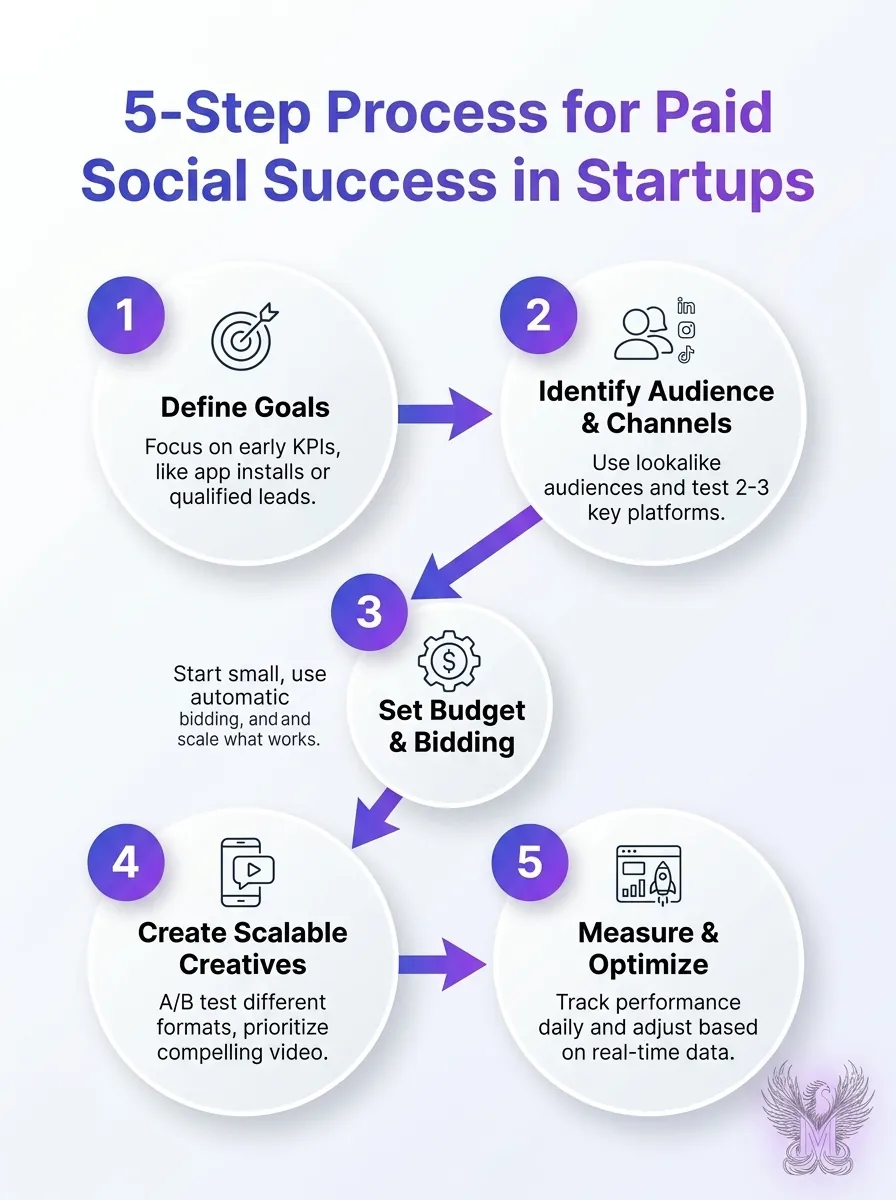 Infographic: a 5-step paid social process for startup success, detailing best strategies for new startups.