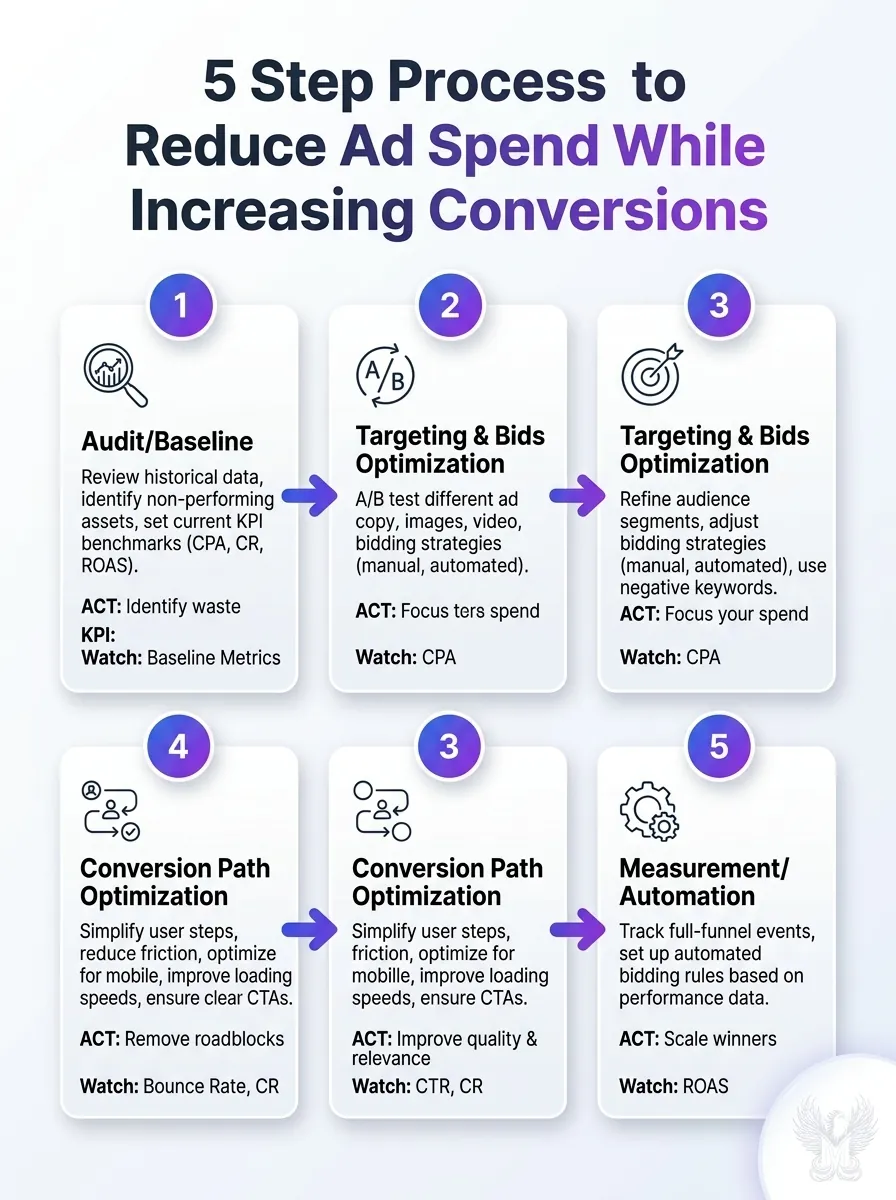 Infographic: a 5-step process to reduce ad spend while increasing conversions.