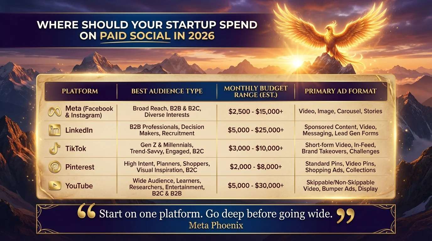 Where Should Your Startup Spend on Paid Social in 2026 - Platform comparison infographic